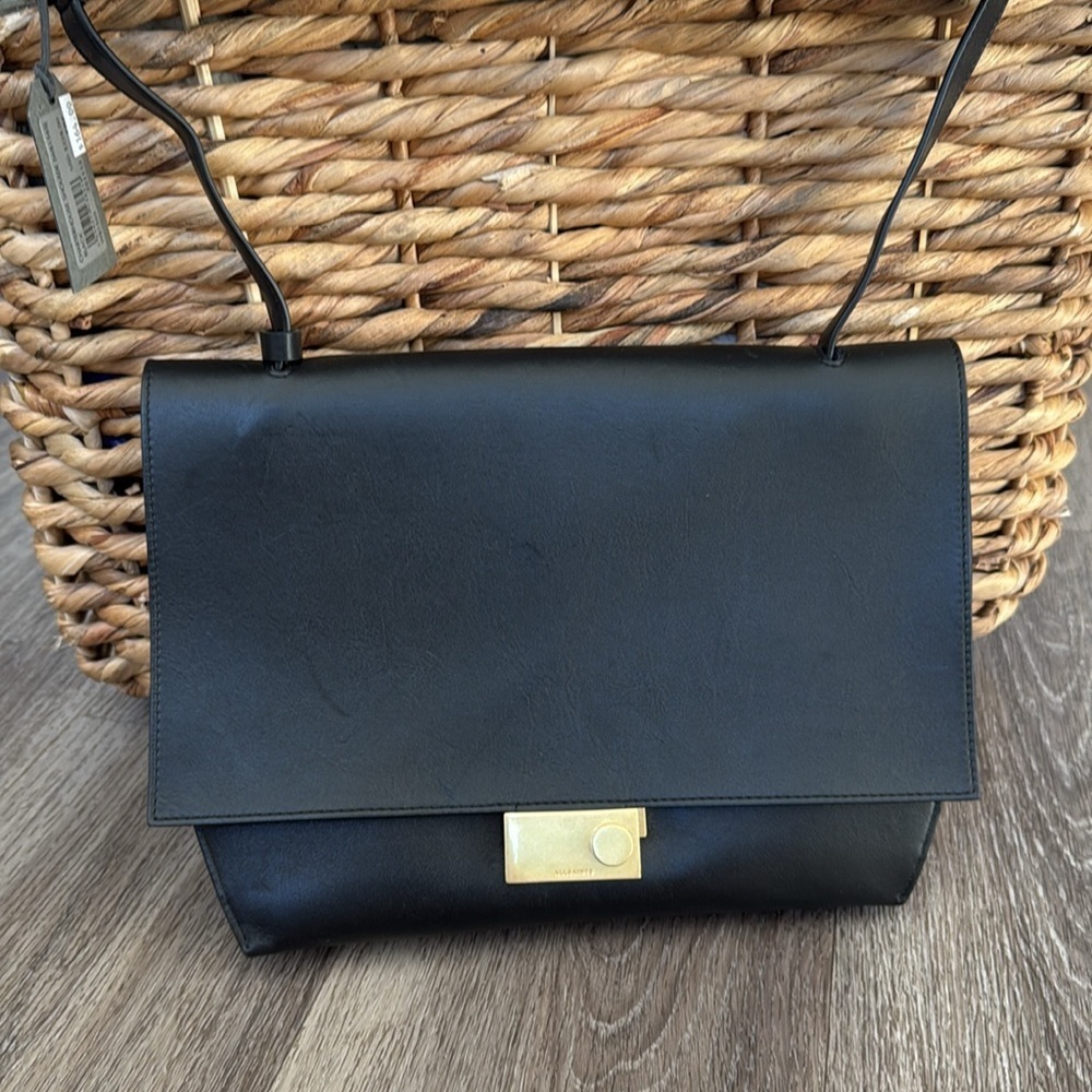 All Saints Women’s Leather Envelope Shoulder Bag Black Elegant Purse